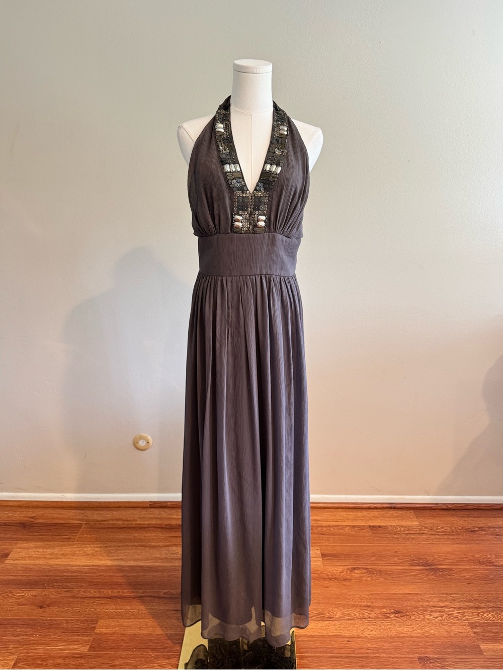 100% Silk Y2K Brown/Charcoal Halter Maxi Dress with Sequin Trim